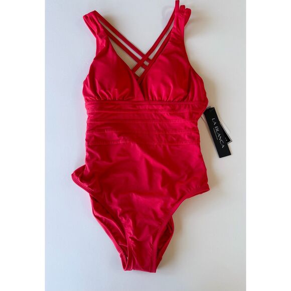 La Blanca Island Goddess Multi-Strap Cross Back One Piece Swimsuit in Cherry Red - Picture 4 of 13